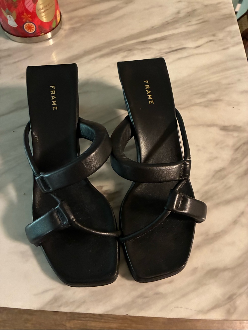 Frame Denim Black Leather Strappy Square-Toe Slide Sandals